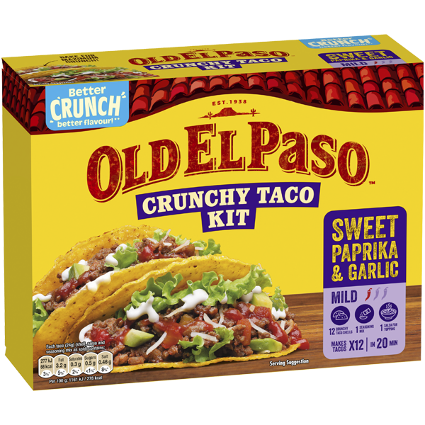 Sweet Paprika & Garlic taco kit packaging with filled tacos on a yellow box.